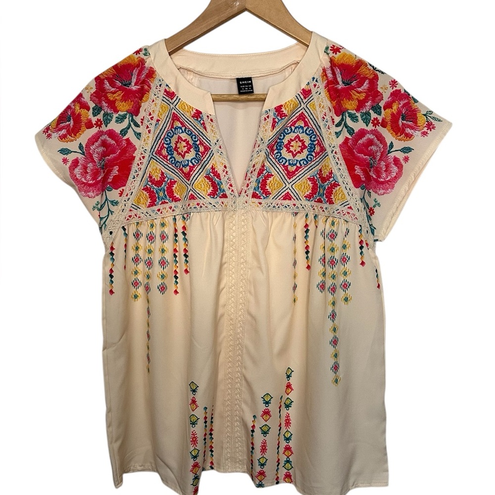 Floral Fiesta Festival Cream Top V Neckline 
Sizes S,M,XL
NWOT